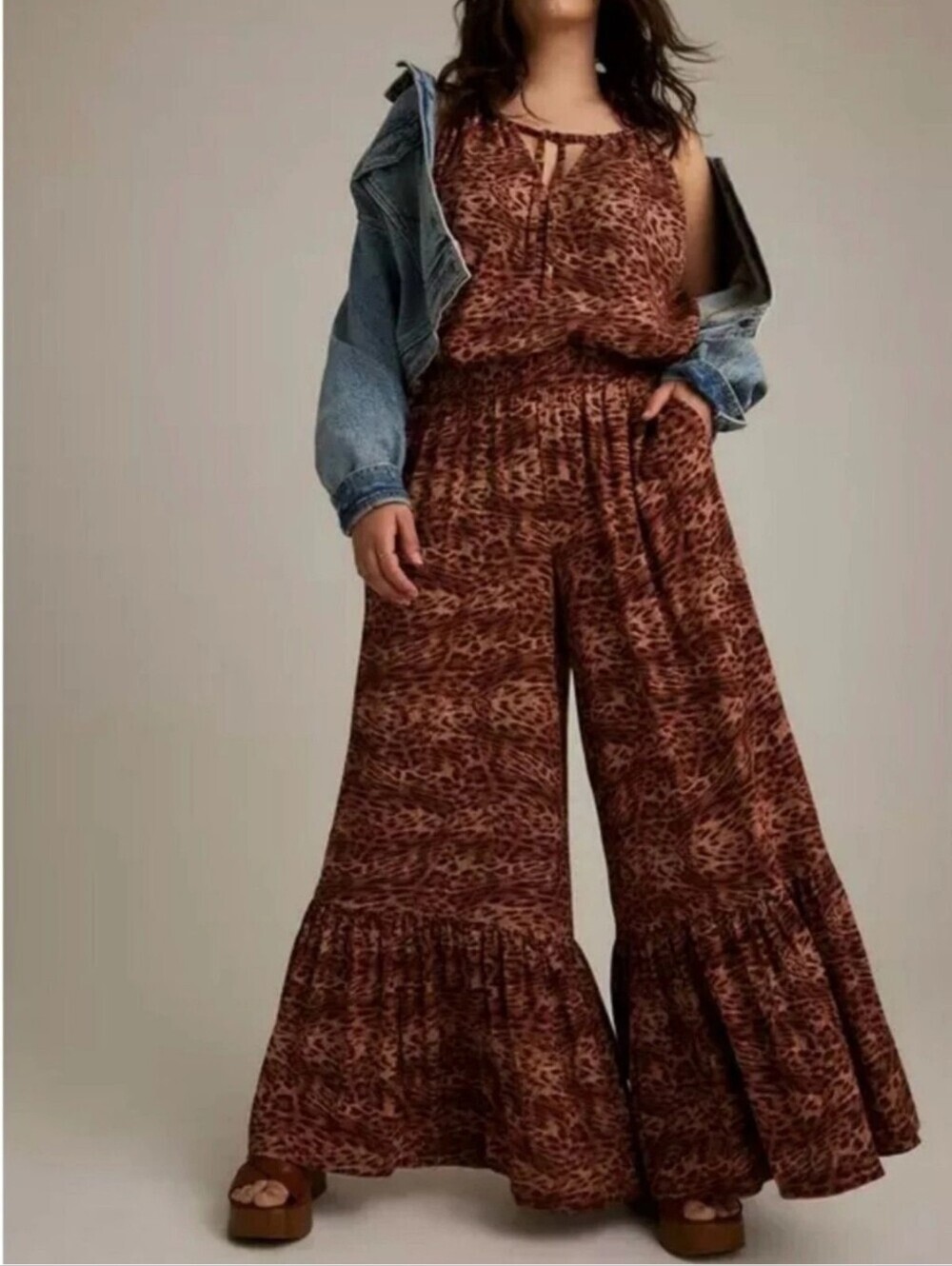 Torrid Festi Leopard Wide Leg Tiered Pants Festival Boho Flare Plus Size 00 (10)